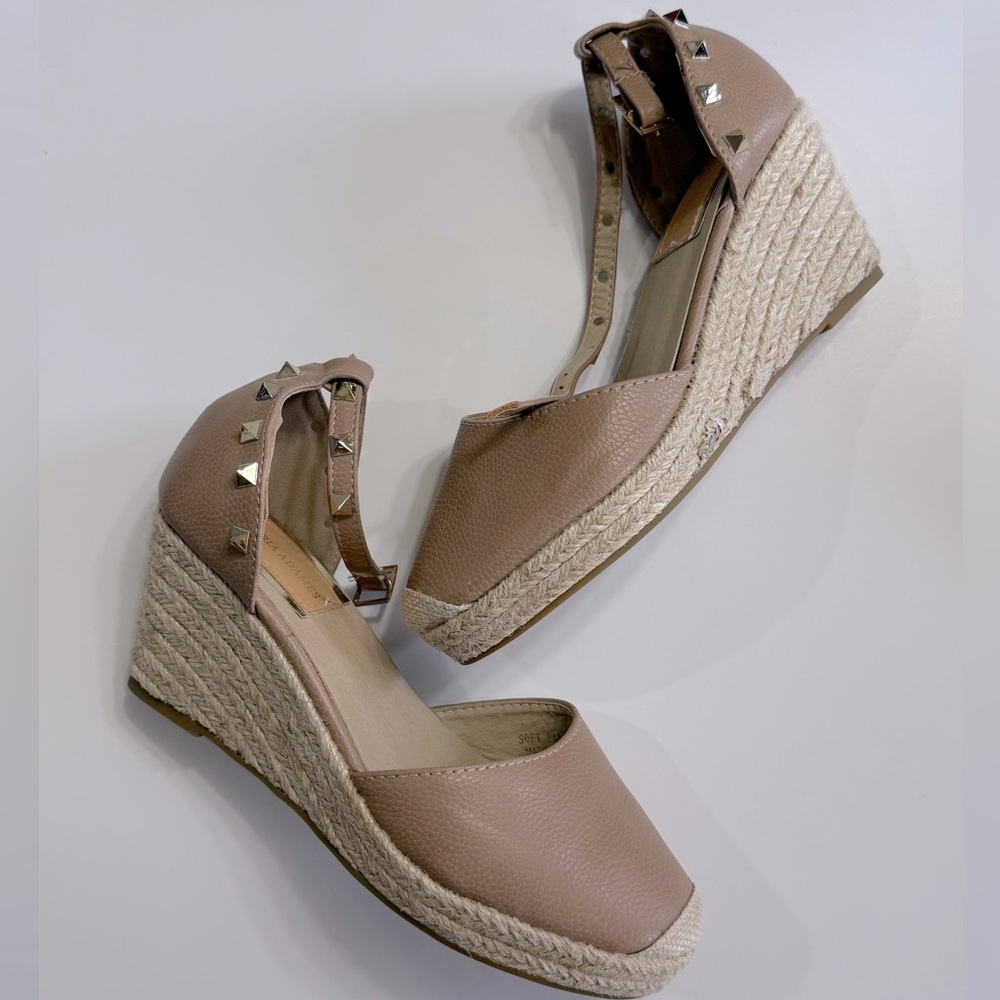 VICTORIA ADAMES taupe studded espadrille wedges
